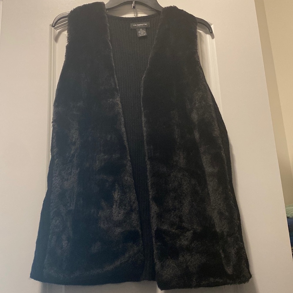 Liz Claiborne Sweater Vest Faux Fur Like New Medium Black